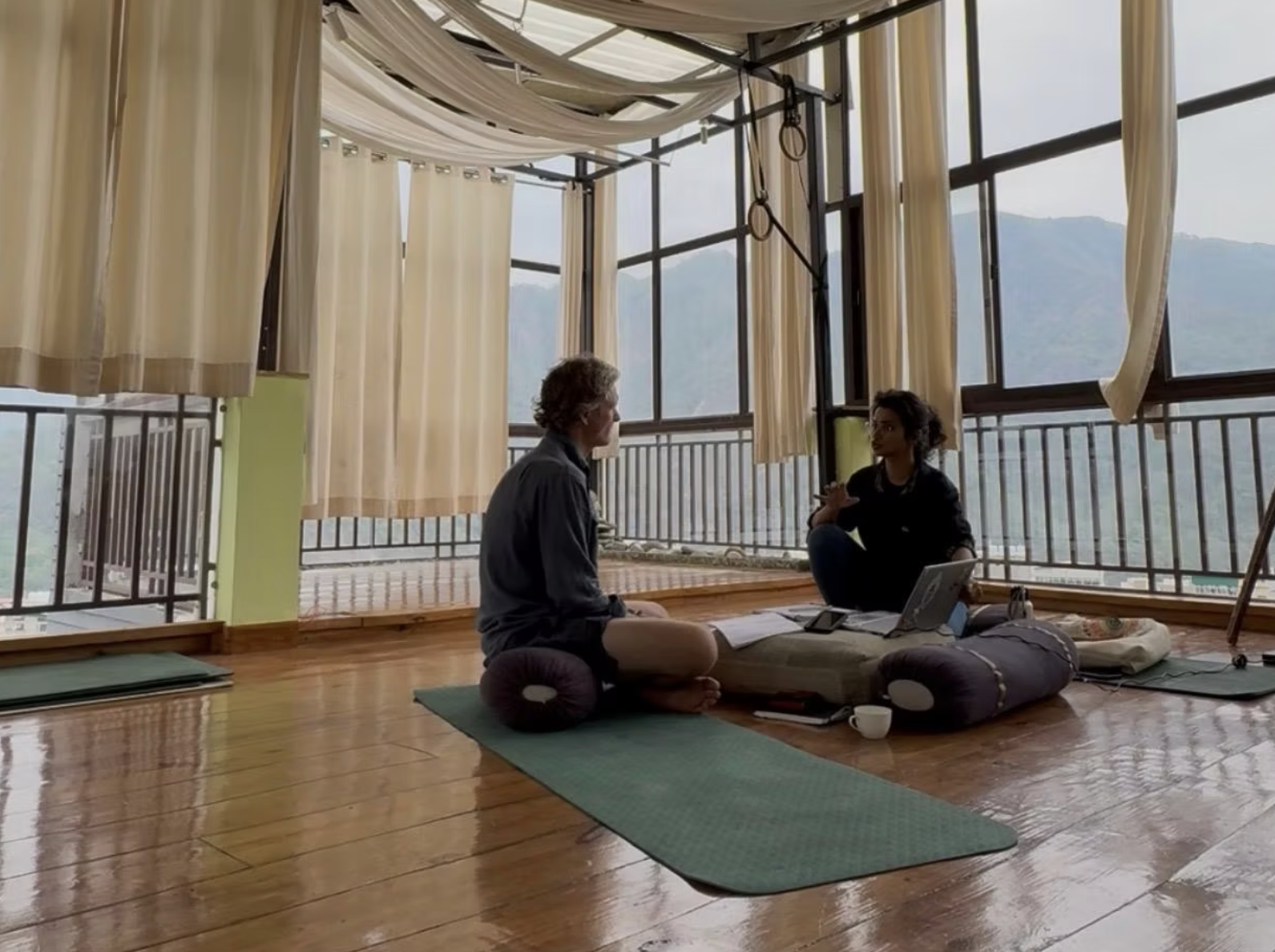 Yin Yoga consultation in the Aavya yoga studio overlooking the Rishikesh hills