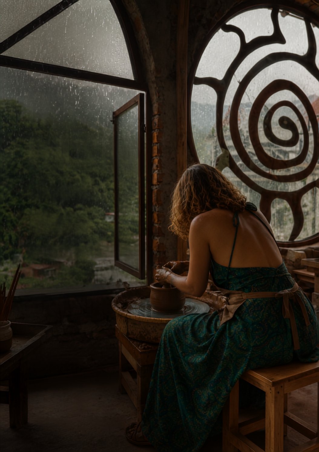 Woman shaping clay on a pottery wheel inside Aavya's studio while rain falls over the Tapovan valley outside