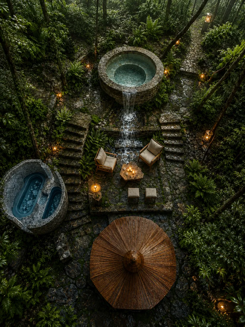 Aerial view of the Tapas sauna, ice bath and soak circuit at Aavya in Rishikesh