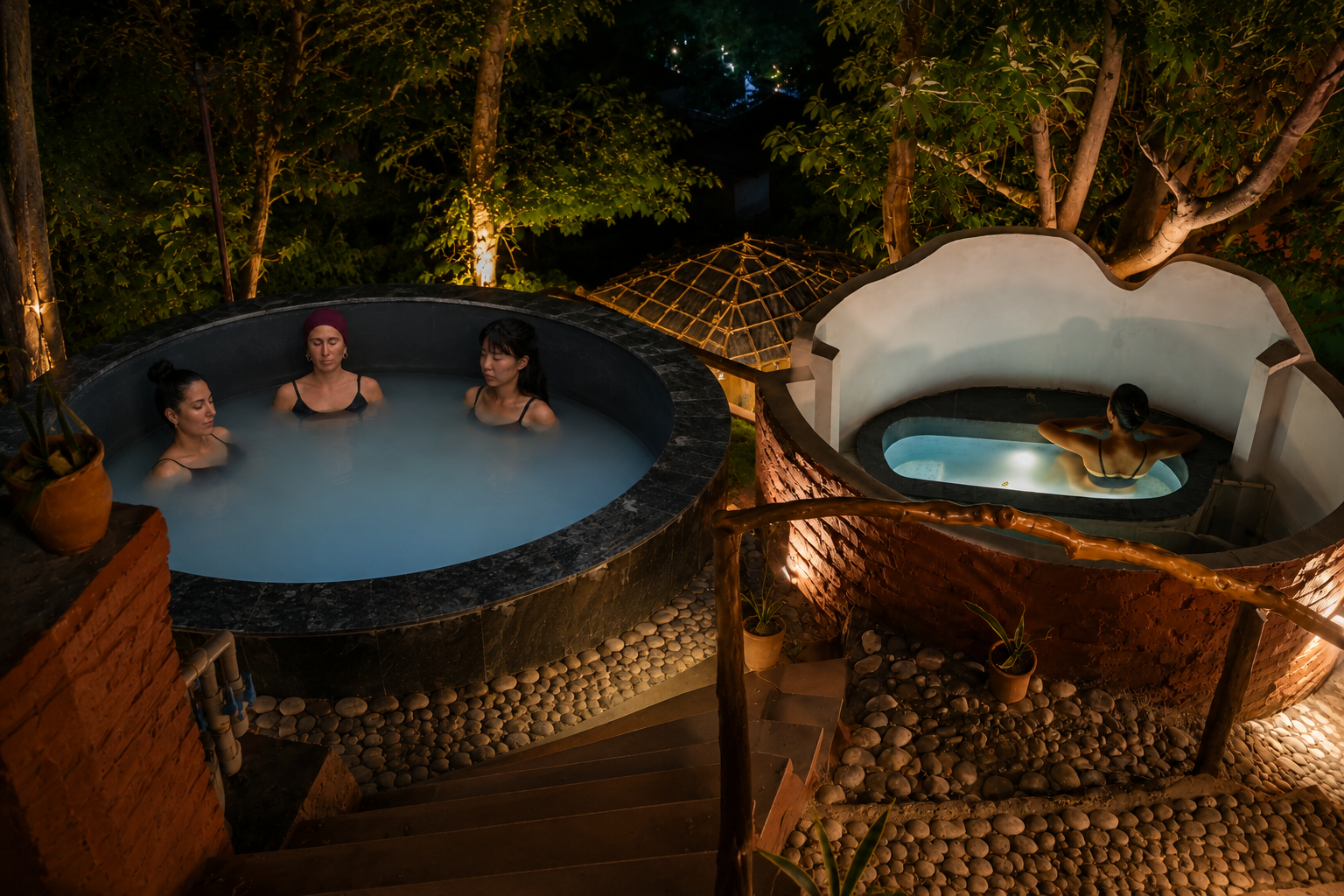 The Tapas soaking and ice pools glowing at night