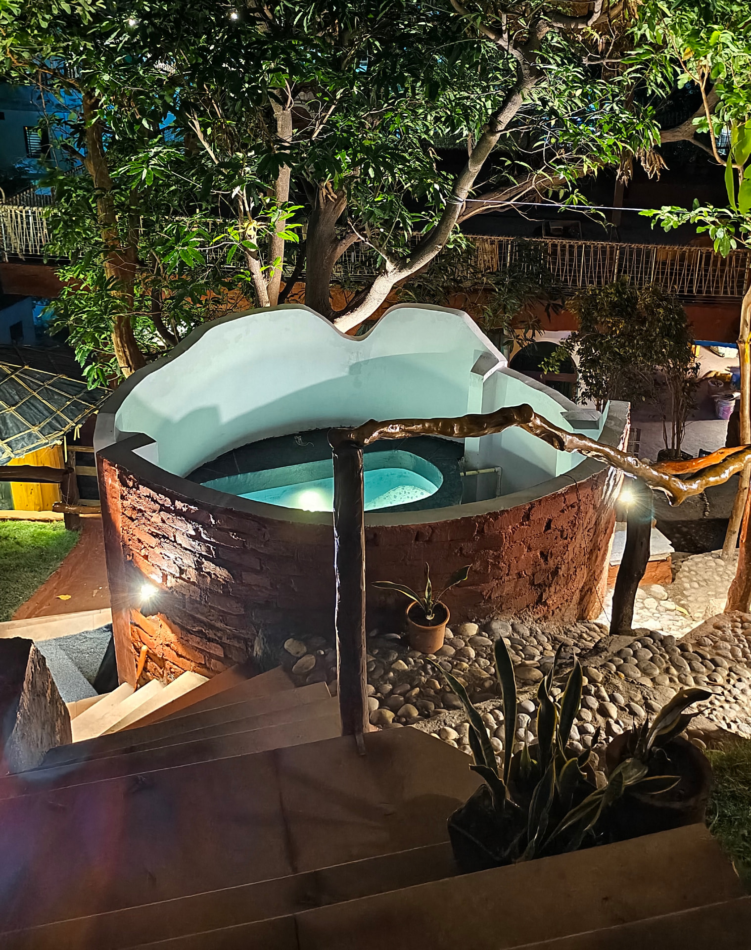 The illuminated ice bath at Tapas in the evening