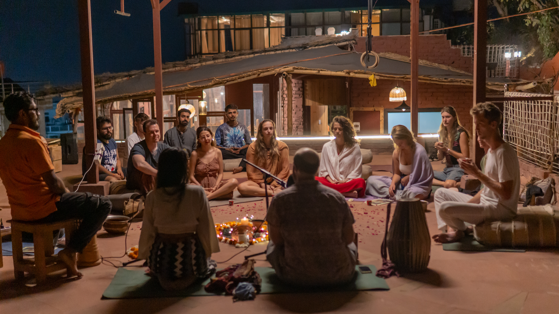 Breathwork circle ceremony at Aavya Rise retreat in Tapovan, Rishikesh