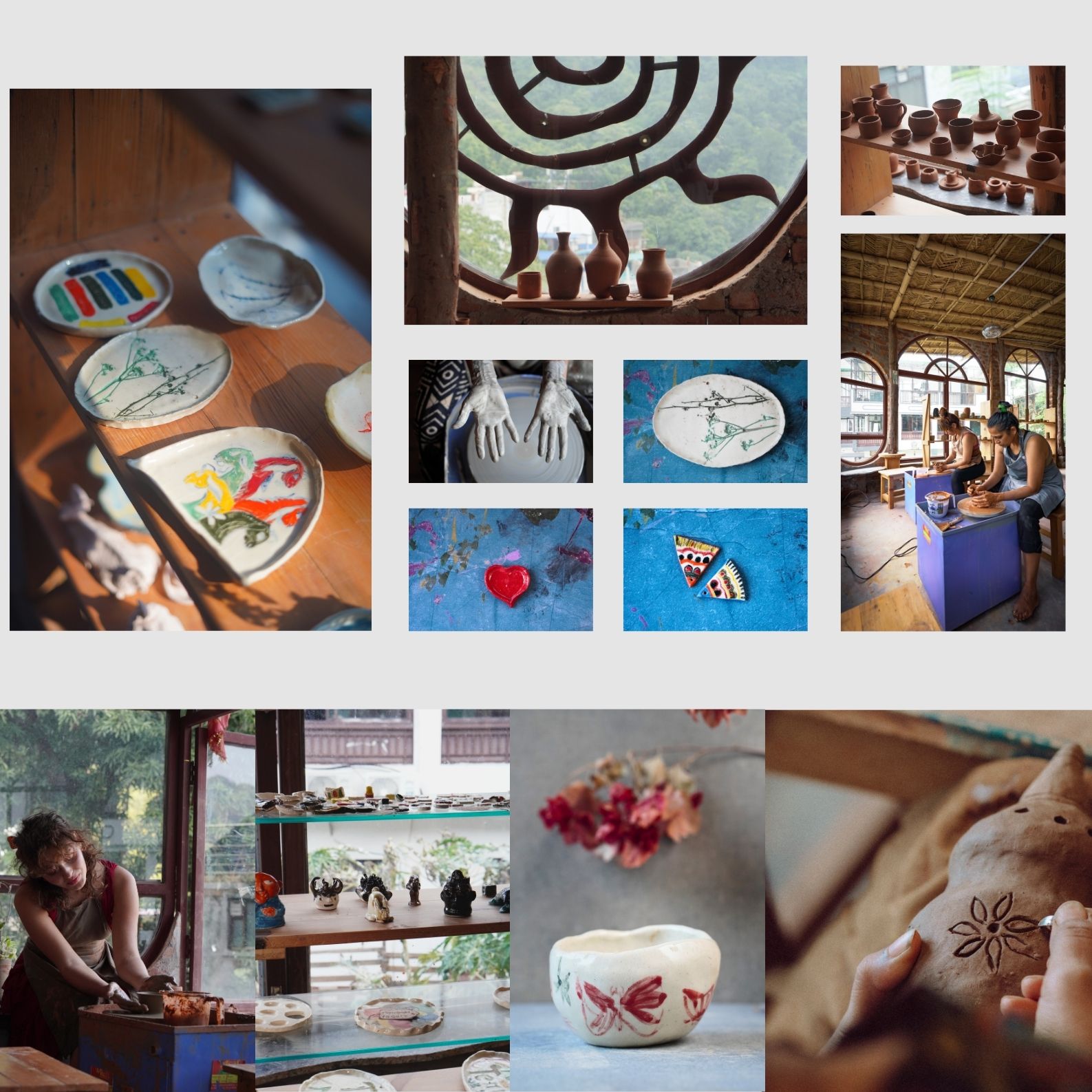 A collage of handmade ceramics, glazed plates, and studio moments at Aavya Pottery in Rishikesh