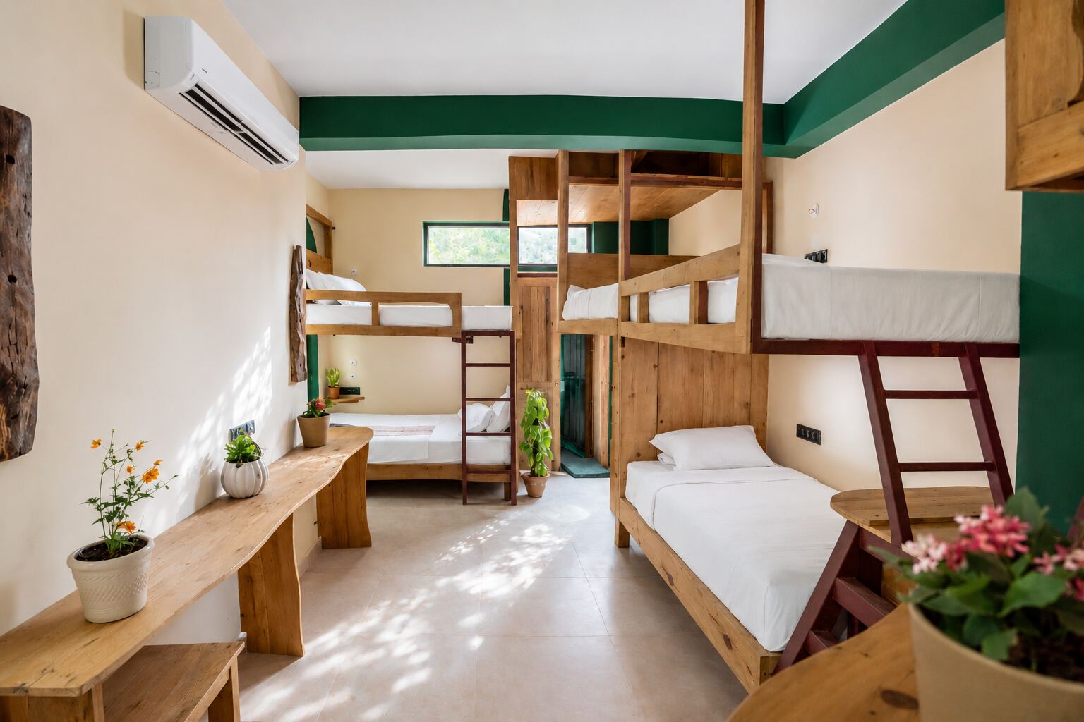 Interior of the shared six-bed Jungle View Sleep Pod with wooden bunks and forest windows