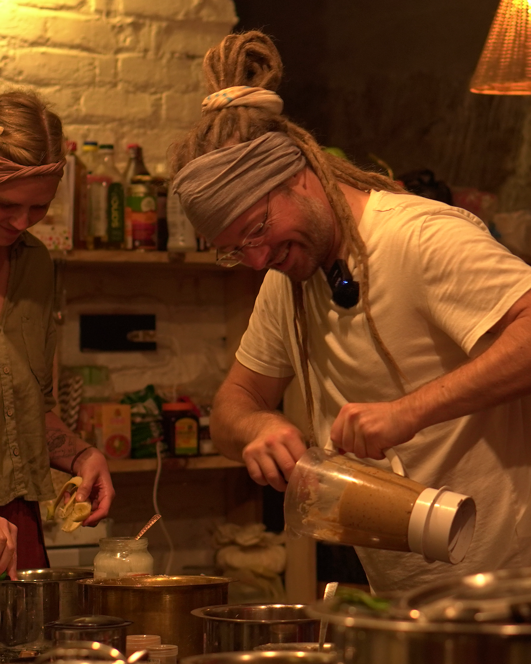 Late-night kitchen — pouring fresh nut butter